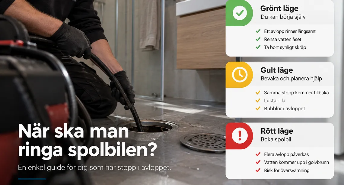 Spolbil vid avloppsstopp i hemmet när egen rensning inte räcker och professionell avloppsspolning behövs.